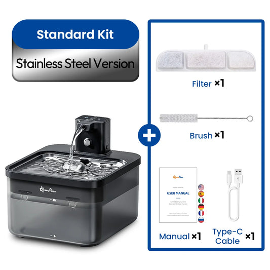 2.5L Automatic Stainless Steel Cat Water Fountain 4000Mah Wireless Pet Drinker Battery & Sensor 2 in 1 Dispenser